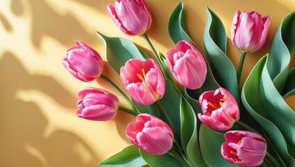 Obraz premium Happy Women's Day. Spring theme. Pink tulips against yellow backdrop. Blank space.