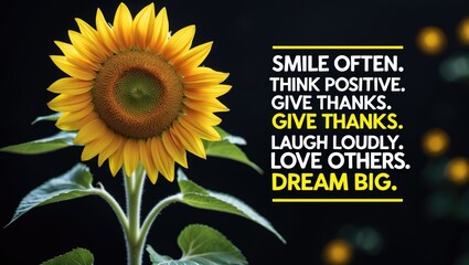 Inspirational motivational phrases - Smile often. Think positive. Give thanks. Laugh loudly. Love others. Dream big. Positivity quotes collection featuring a bright flower on a dark background.