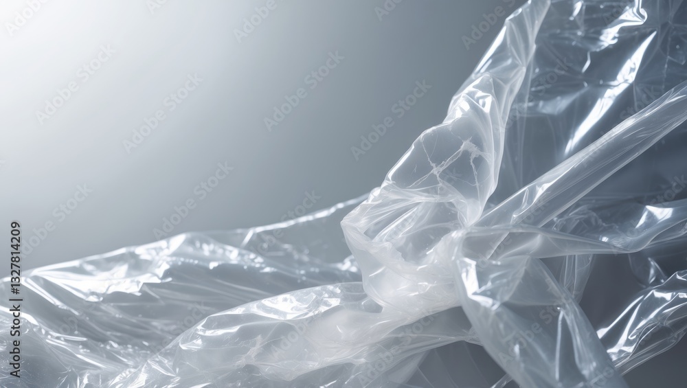 Poster close-up image of a transparent plastic bag against a white backdrop. the texture appears smooth and