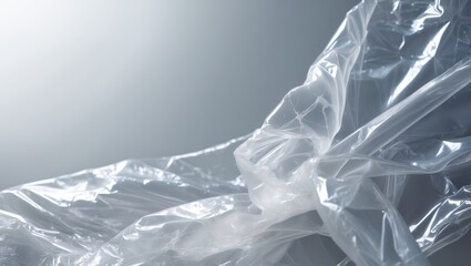 Obraz premium Close-up image of a transparent plastic bag against a white backdrop. The texture appears smooth and glossy. The wrinkled and worn plastic surface forms an abstract pattern.