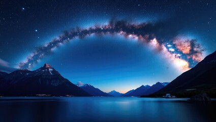 Arched Milky Way spanning over stunning mountains and a blue sea at night. Vivid landscape featuring a bright starry sky, moonlight, constellation, and water. Galaxy. Nature and space.