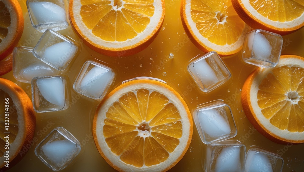 Poster orange slices and ice cubes arranged with sparkling juice, fresh fruit lemonade combined with sparkl