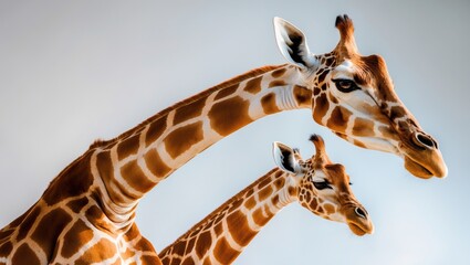 Obraz premium Giraffe with elongated head gazes upward against a white backdrop.