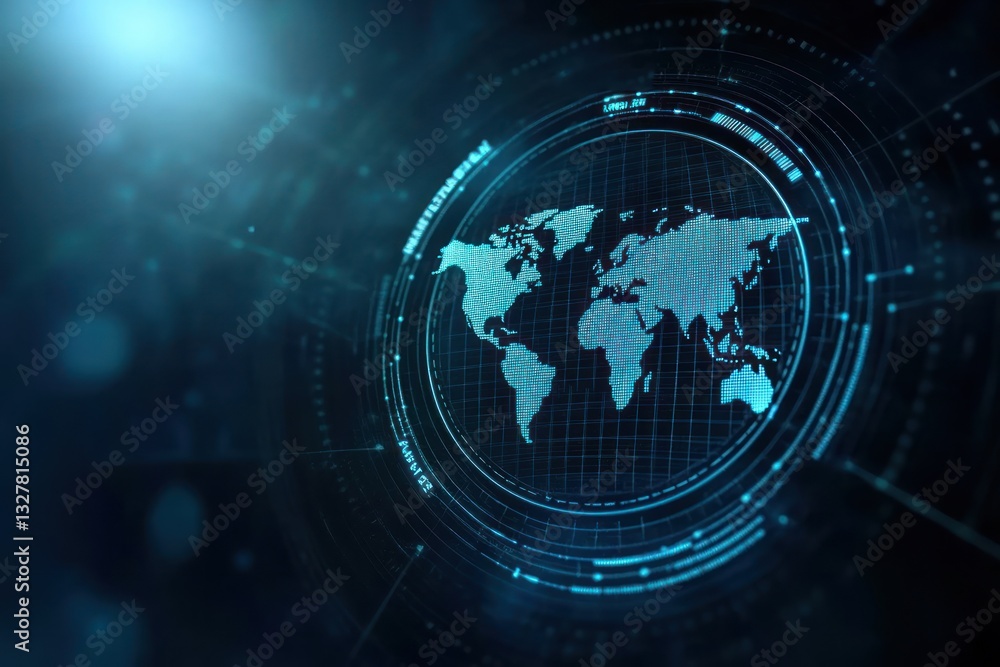 Poster a digital representation of a world map surrounded by glowing data lines and circles, symbolizing gl