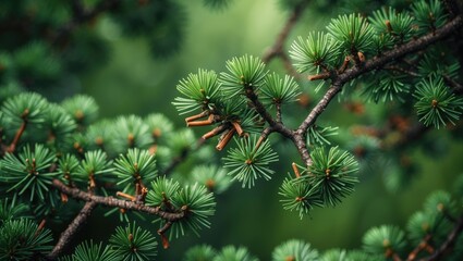 Green branches of a pine tree in detail, short needles of a coniferous tree up close against a green background, texture of needles in close-up.