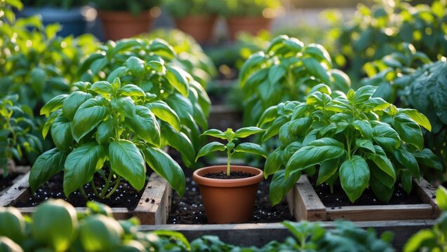 Genovese Basil plants thriving in a raised bed garden. Renowned for culinary purposes, especially in pesto, the classic sauce.