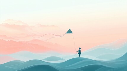 A faceless child with a kite in hand, standing amidst soft pastel hues of the sky and gentle curves of the ocean, symbolizing carefree play and the beauty of nature