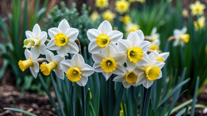 Narcissus flowering, close-up of white daffodil blooms, paperwhite decorative garden plant in spring.