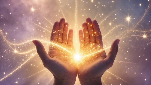 Golden Sparkling Magical Energy Healing Hands sensing starlight - an ethereal backdrop with an outpouring of stars from cupped hands reaching upwards and space for a spiritual message.
