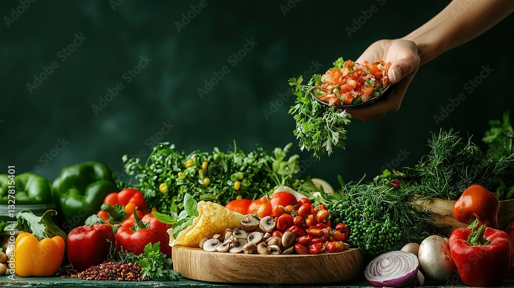 Poster a person holds a basket of vegetables in front of a fruit and vegetable array