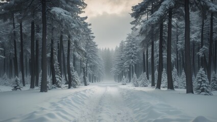 Obraz premium snow covered pine forest. winter scenery. winter ambiance. winter backdrop. abstract. aesthetic. atmospheric. nature. minimalism.