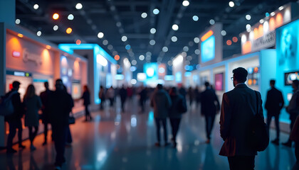 a man walking through a convention hall.