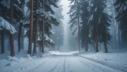 Fototapeta premium Snow-covered road in a forest of fir trees and pines during winter in icy mist