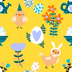 Easter chicken and eggs seamless birds pattern for wrapping paper and fabrics