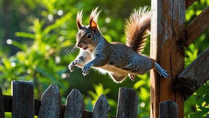 Squirrel jumping from a bird feeder and photographed escaping as quickly as possible.