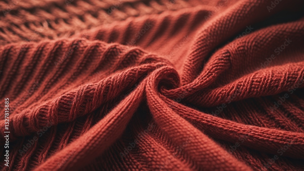 Poster Close-up of a knitted surface featuring woolen things as a background. Soft fabric texture with knitted patterns. Warm clothing. Textile background surface with space for text.