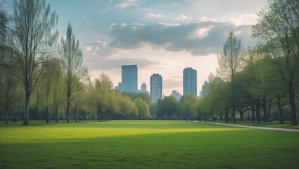 Spring park and contemporary city
