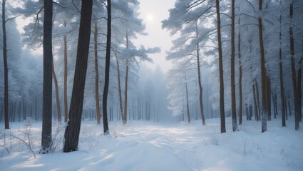 Fototapeta premium Snow-covered pine forest edge adjacent to a small village