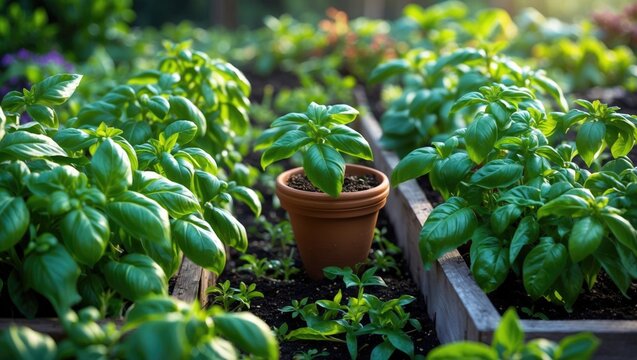 Genovese Basil plants thriving in a raised bed garden. Well-known for culinary applications, especially its role in pesto, the classic sauce.