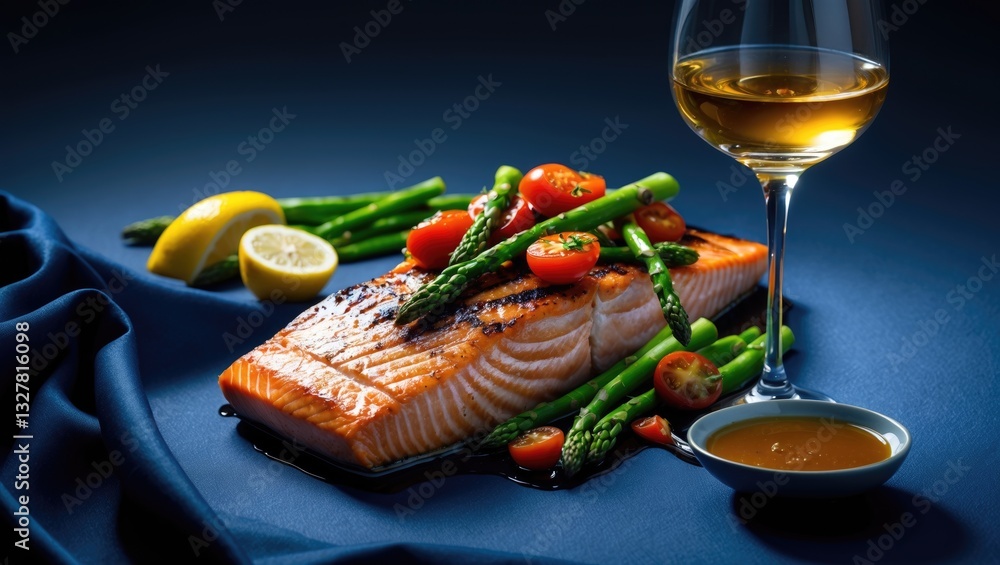 Aufkleber grilled salmon steak accompanied by vegetables on a plate in a minimalist design, presented against 
