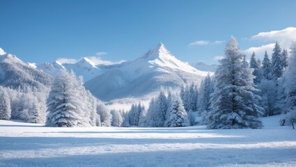Obraz premium Snow-laden trees in the mountains with a white peak in the background