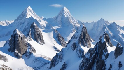 Obraz premium Snowy Mountain Peaks, Elevated Tall Mountains Against a Clear Blue Sky, Close-Up of Snow-Covered Summit, Winter Scenery.