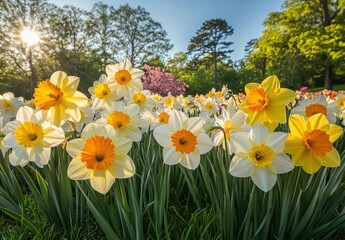 Fototapeta premium Beautiful Daffodil Garden in Spring with Sunlight, Colorful Blooms and Green Foliage Creating a Serene Landscape, Nature at Its Finest