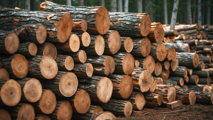 Stack of chopped pine logs in a forest. Timber logs, logging industry, environmental destruction, forests Are Disappearing, unlawful logging.