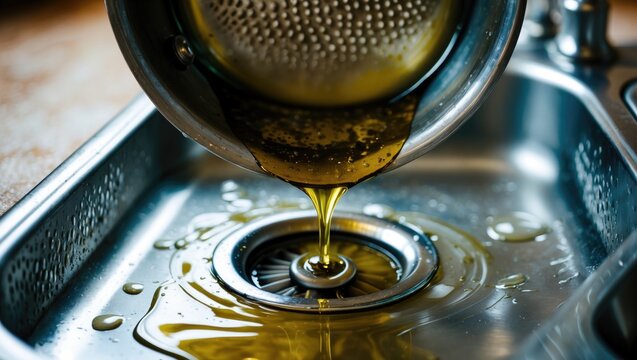 Old oil being poured into kitchen waste from the pan, causing a blockage in the sink.