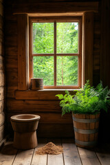 Fenster mit Blick auf einen grünen Wald und einem Eimer auf dem Boden

