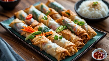 Fried egg rolls or spring rolls. Traditional appetizer in restaurants, spring rolls or egg rolls. Made with wonton wrappers, filled with vegetables, and served with chili dipping sauce.