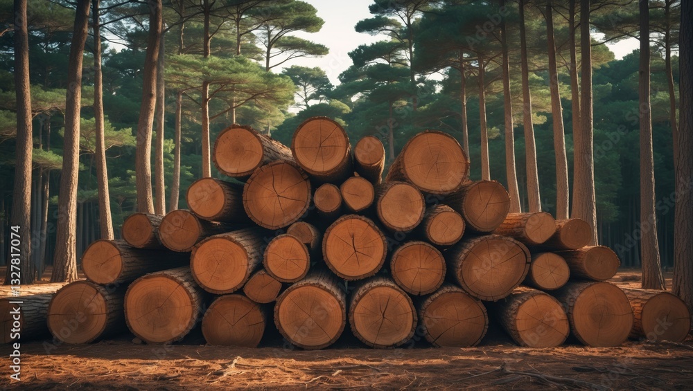 Poster stacked tree trunks arranged in the forest for logging.