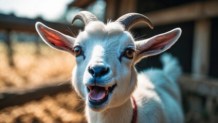 Funny cute face of goat with mouth open singing against a blurred background. Amusing portrait of a little goat in an eco park, contact zoo, on a rural farm, livestock. Mammals outdoors.