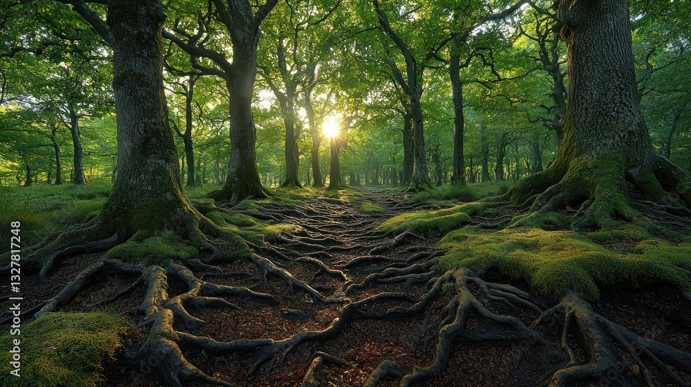 Poster sunlit forest path with exposed tree roots and moss.