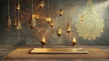 A relaxing meditation room adorned with hanging brass filigree candle holders. The backdrop features muted walls with golden stencil-painted mandalas