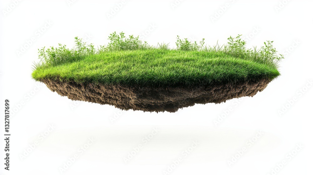 Poster a floating patch of green grass above a rocky base, symbolizing nature and creativity in a minimalis