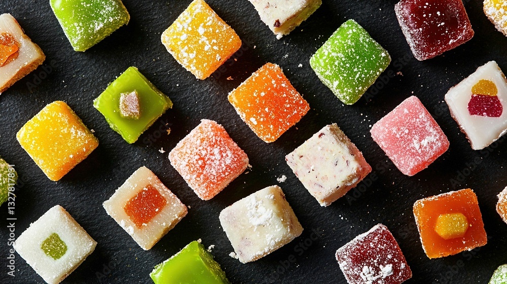 Aufkleber a black table, dusted with powdered sugar and displaying an array of various candies on top