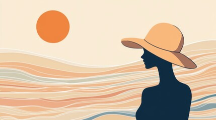 Trendy Aesthetic Artwork of a Person in a Beach Hat Strolling Along a Pier at Sunset
