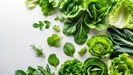 Green lettuce salad leaves placed separately on a white background