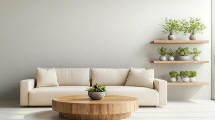 A clean, minimalist living room with a cream-colored sofa and a circular wooden coffee table