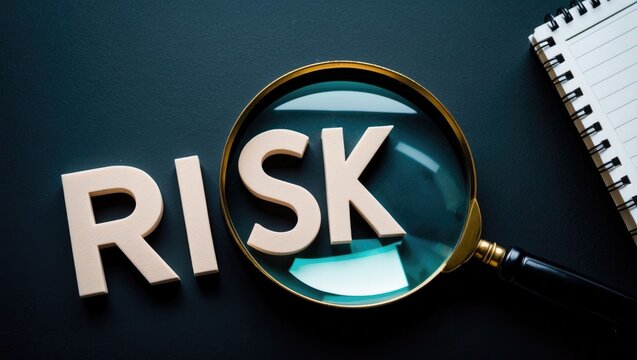 Close-up of block letters on a dark background with a magnifying glass and a notebook alongside. Business and risk identification concept.