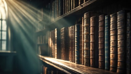 Old books on a wooden shelf illuminated by a ray of light. Grunge background with a bookshelf theme. Concept centered on nostalgia, age. Retro style.