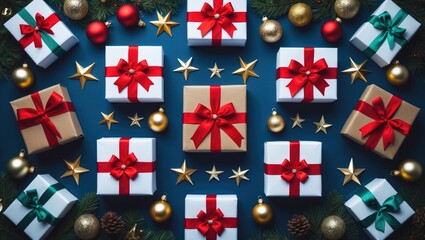 Obraz premium Greeting card, frame, banner. Holiday gifts with red ribbons and ornaments on a blue backdrop from above. Winter festive theme. Flat lay.