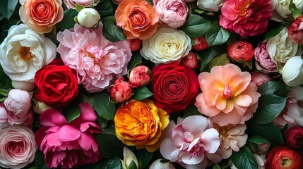 Beautiful Vibrant Colorful Roses Peonies Floral Bouquet Spring Summer Blossom Flowers Nature Background Texture Image red pink lush peony white bloom 