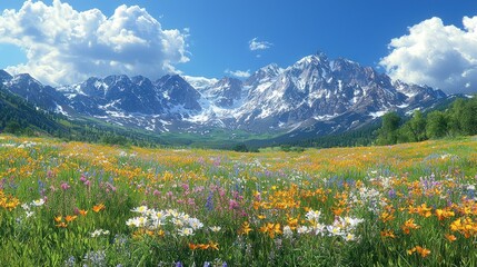 Fototapeta premium Vibrant wildflowers bloom in a lush meadow, with a majestic snow-capped mountain range as a backdrop under a sunny sky.