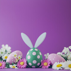 An Easter egg shape created with an arrangement of various spring flowers and leaves on a pastel purple background, accompanied by an Easter bunny with eggs, forming a charming and festive composition