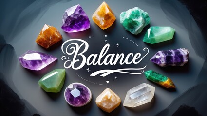 Gemstones and magical witch items on a dark abstract backdrop. Colorful mineral stones set for healing crystal rituals. Esoteric spiritual practices for relaxation and meditation. Life balance idea...