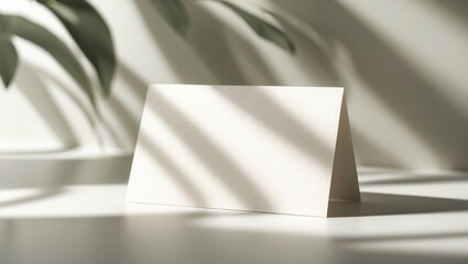 Tent folded white blank name card on minimalist background with shadows of plant leaves; mockup template for table card design for events and weddings.
