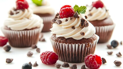 Delicious cupcakes with cream on white