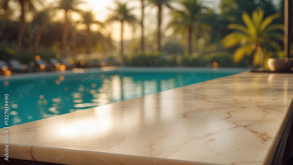 Poster blurred swimming pool and empty tabletop for showcasing or presenting your products.